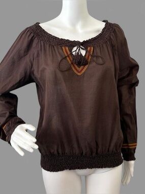 Miley Cyrus & Max Azria Brown Embroidered Boho Peasant Cotton Top